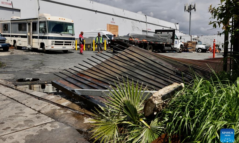 Photo taken on March 23, 2023 shows an iron fence damaged by a tornado in the city of Montebello, Los Angeles, the United States. Los Angeles area was hit by a rare tornado on Wednesday, the strongest one to impact LA Metro area since March 1983, according to the U.S. National Weather Service (NWS). (Photo: Xinhua)