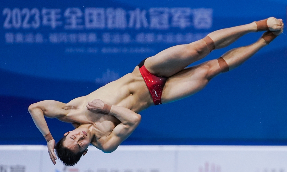 Wang Zongyuan competes in the men's three-meter springboard diving competition on March 21, 2023, for which Wang won a gold medal for. Photo: VCG
