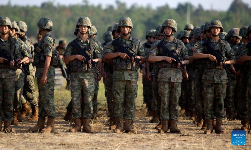 Chinese soldiers attend the Cambodia-China Golden Dragon 2023 joint military exercise at the Royal Gendarmerie Training Center in Cambodia, March 23, 2023. The joint military exercise kicked off here on Thursday, focusing on security operations for major events and humanitarian rescue.(Photo: Xinhua)