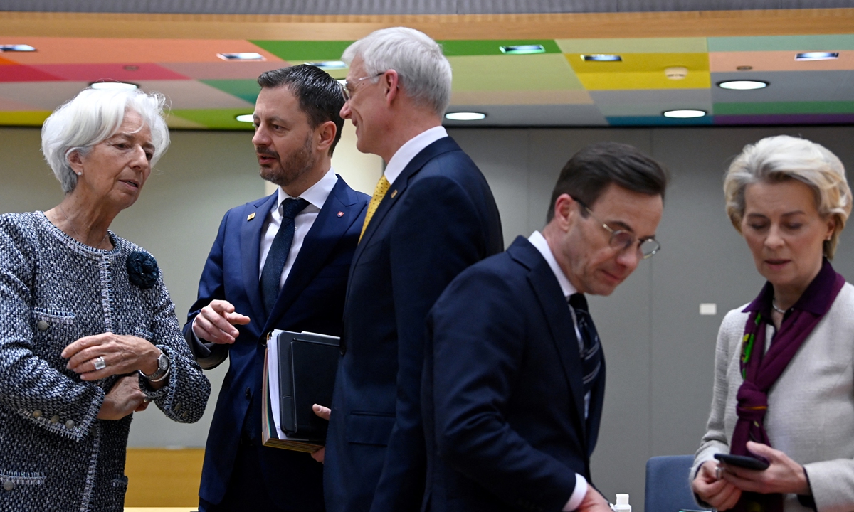 (From left to right) European Central Bank (ECB) President Christine Lagarde, Slovakia's Prime Minister Eduard Heger, Latvia's Prime Minister Krisjanis Karins, Poland's Prime Minister Mateusz Morawiecki and President of the European Commission Ursula von der Leyen talk upon their arrival for an EU Summit at the EU headquarters in Brussels, on March 24, 2023. European Union leaders on Friday played down the risk of a banking crisis developing from recent global financial turbulence. Photo: AFP
