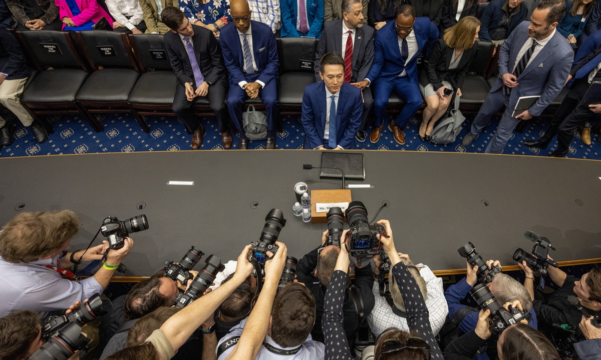 TikTok CEO Shou Zi Chew (up center) testifies at a US Congressional hearing on March 23, 2023. The hearing, which was supposed to discuss data security and protection of children, was described by many netizens as a barbaric witch-hunt and pure bullying. Photo: VCG