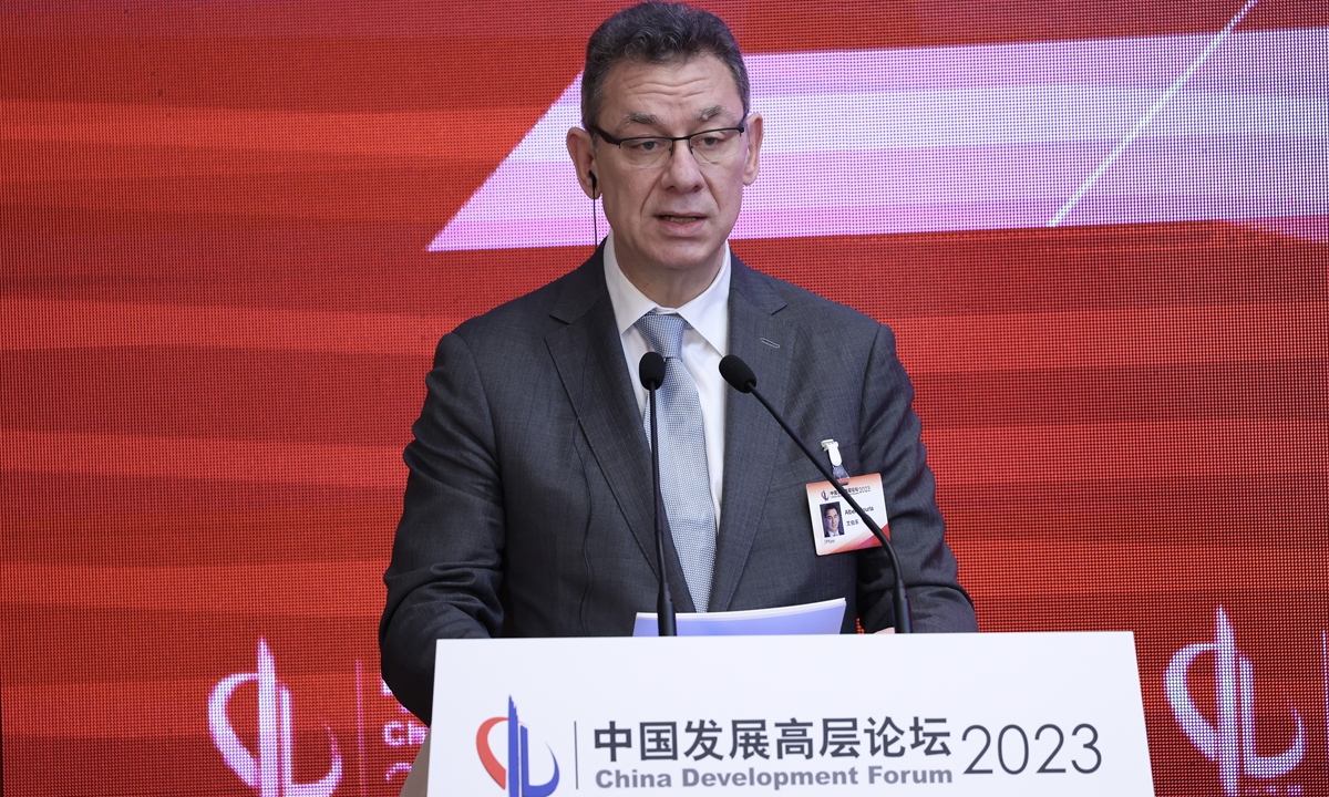 Albert Bourla, chief executive officer of Pfizer Inc, speaks during China Development Forum (CDF) 2023 on March 25, 2023,in Beijing, China. Photo:VCG