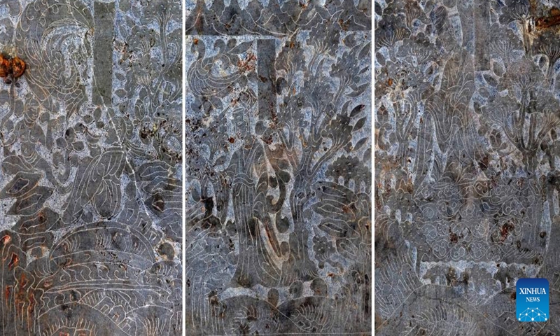 This combo photo taken on March 15, 2023 shows the images on the stone folding screens of stone beds unearthed in a cemetery found in Zhucang Village in Mengjin District of Luoyang City, central China's Henan Province..(Xinhua/Li An)