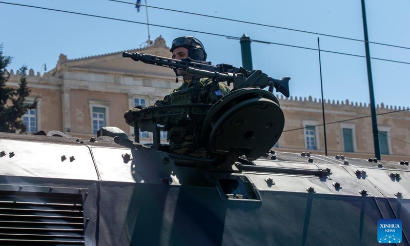 A military vehicle attends a military parade commemorating the Greek Independence Day in Athens, Greece, March 25, 2023. (Xinhua/Marios Lolos)