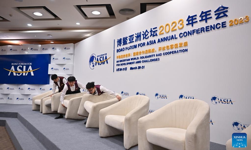 Staff members make preparation at a venue for a subforum of the Boao Forum for Asia (BFA) Annual Conference 2023 in Boao, south China's Hainan Province, March 24, 2023. The BFA will hold its annual conference from March 28 to 31 in Boao, a coastal town in China's island province of Hainan. (Photo:Xinhua)
