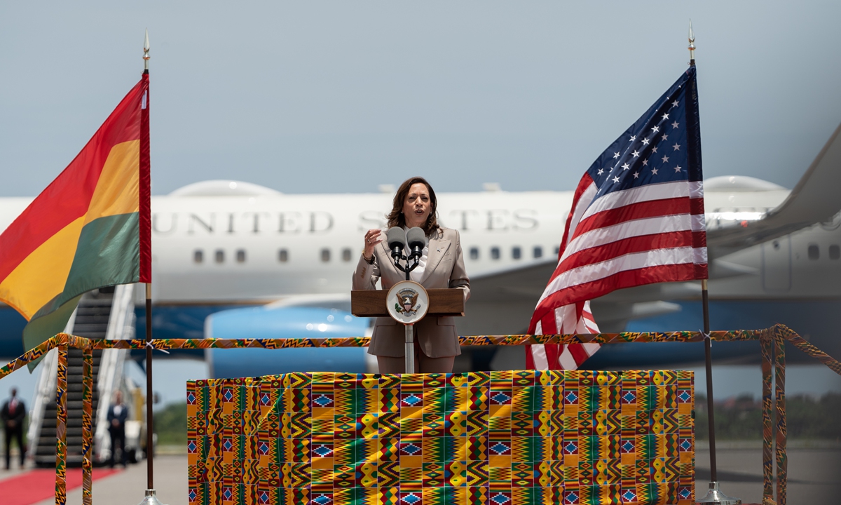 US Vice President Kamala Harris delivers a speech at the Kotoka International Airport on March 26, 2023 in Accra, Ghana. Photo: VCG