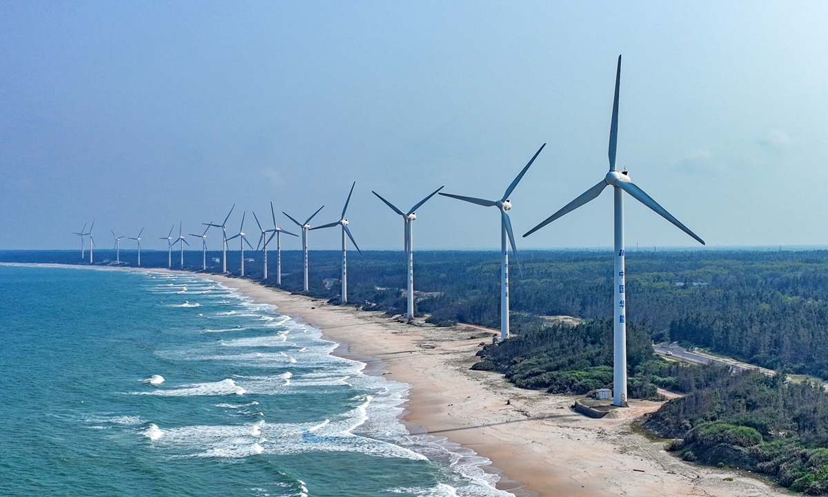 Wind turbines along the coast of Mulan Bay, Wenchang City, in South China's Hainan Province, on February 24, 2023 Photo: VCG
