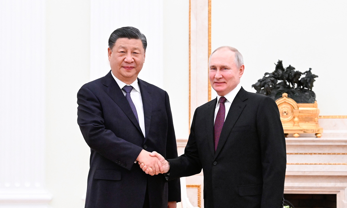 Chinese President Xi Jinping meets with Russian President Vladimir Putin at the Kremlin on his arrival in Moscow, Russia on March 20, 2023. Photo: Xinhua
