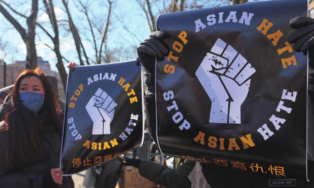 People gather for a rally protesting violence against Asian-Americans at Sara D. Roosevelt Park on February 14, 2022 in the Chinatown neighborhood in New York City.Photo: VCG