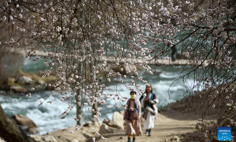 Tourists view blossoms in Tar Tajik Township, Akto County, northwest China's Xinjiang Uygur Autonomous Region, March 28, 2023. Tar Tajik Township, nestled in the hinterland of the Kunlun Mountains, is a key national rural tourism village under Akto County, northwest China's Xinjiang Uygur Autonomous Region. As the weather gets warmer, apricot flowers are in full bloom here. The magnificent natural scenery and unique folk customs attract many tourists.(Photo: Xinhua)