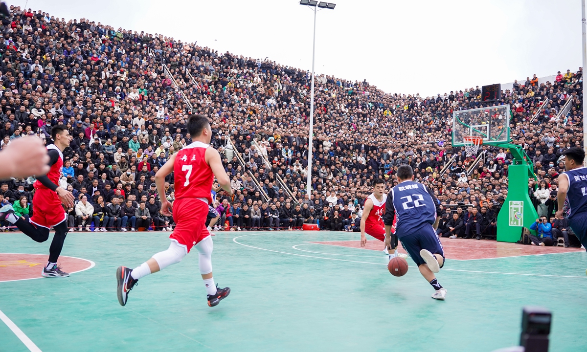 Some 30,000 people gather in Taipan village, Southwest China's Guizhou Province on March 27, 2023 to watch the Village Basketball Association. Photo: VCG