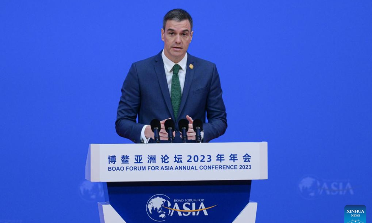Spanish Prime Minister Pedro Sanchez delivers a speech at the opening ceremony of the Boao Forum for Asia Annual Conference 2023 in Boao, south China's Hainan Province, March 30, 2023. Photo:Xinhua