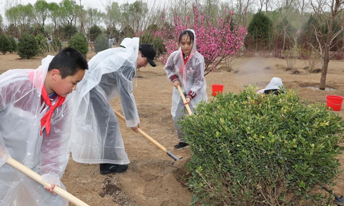 Wang Huning plants a tree during a voluntary tree planting activity in Chaoyang District in Beijing, capital of China, April 4, 2023. Party and state leaders Xi Jinping, Li Qiang, Zhao Leji, Wang Huning, Cai Qi, Ding Xuexiang, Li Xi, and Han Zheng, planted trees with local people at a city park in the eastern district of Chaoyang in the spring shower. (Xinhua)