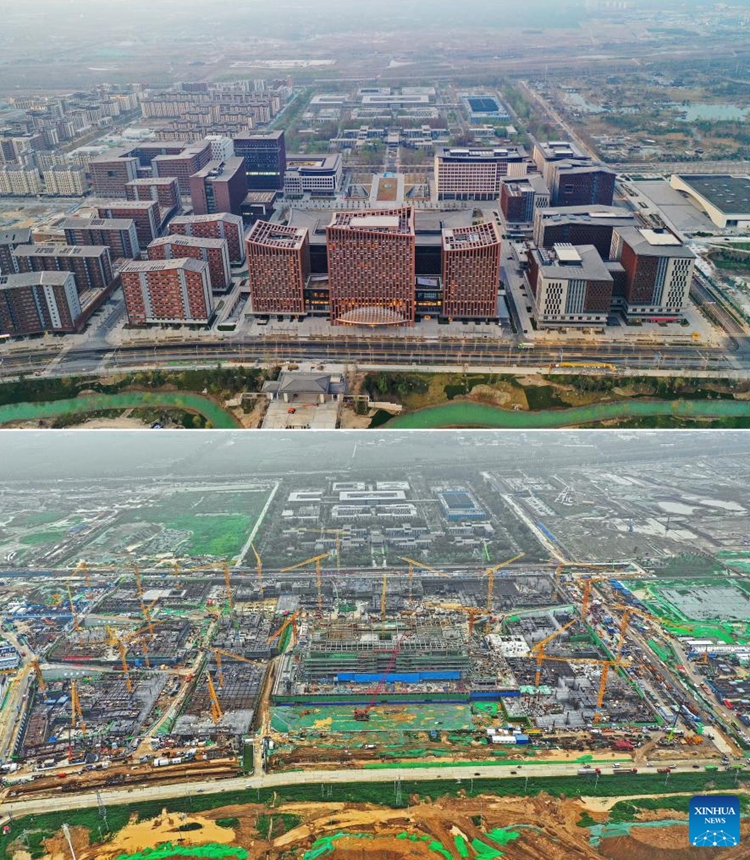 This combo photo shows the aerial view of the business service center on March 31, 2023 (up) and the construction site of it on Aug. 13, 2020 in Xiong'an New Area, north China's Hebei Province. China announced plans to establish Xiong'an New Area on April 1, 2017, to relieve Beijing of functions non-essential to its role as the national capital and advance the coordinated development of the Beijing-Tianjin-Hebei region. (Photo:Xinhua)