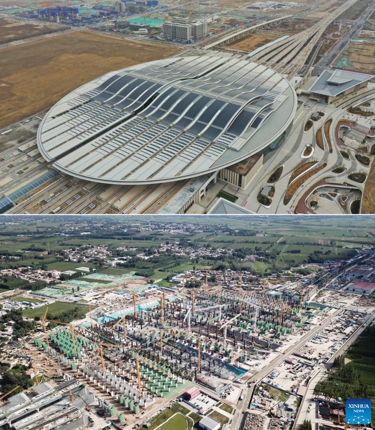 This combo photo shows the aerial view of the Xiong'an Railway Station on March 23, 2023 (up) and the construction site of it on Aug. 29, 2019 in Xiong'an New Area, north China's Hebei Province. China announced plans to establish Xiong'an New Area on April 1, 2017, to relieve Beijing of functions non-essential to its role as the national capital and advance the coordinated development of the Beijing-Tianjin-Hebei region. (Photo:Xinhua)