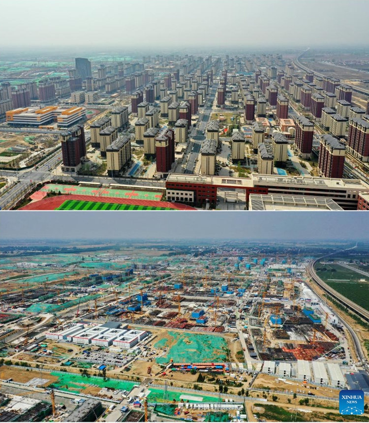 This combo photo shows the aerial view of the Rongxi area on March 31, 2023 (up) and the construction site of it on July 3, 2021 in Xiong'an New Area, north China's Hebei Province. China announced plans to establish Xiong'an New Area on April 1, 2017, to relieve Beijing of functions non-essential to its role as the national capital and advance the coordinated development of the Beijing-Tianjin-Hebei region. (Photo:Xinhua)