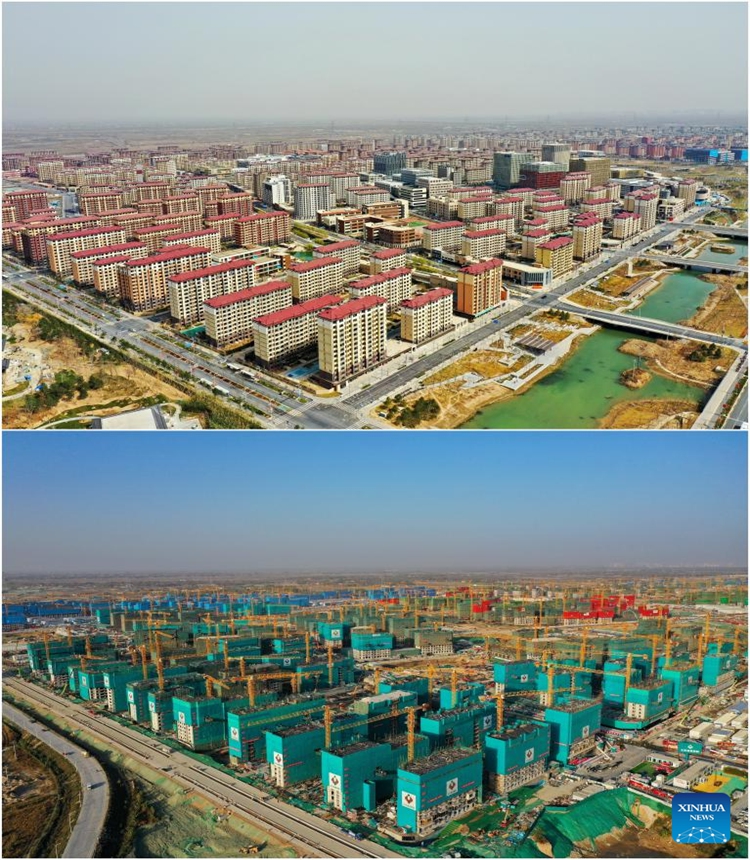 This combo photo shows the aerial view of the Rongdong area on March 24, 2023 (up) and the construction site of it on Nov. 6, 2020 in Xiong'an New Area, north China's Hebei Province. China announced plans to establish Xiong'an New Area on April 1, 2017, to relieve Beijing of functions non-essential to its role as the national capital and advance the coordinated development of the Beijing-Tianjin-Hebei region. (Photo:Xinhua)