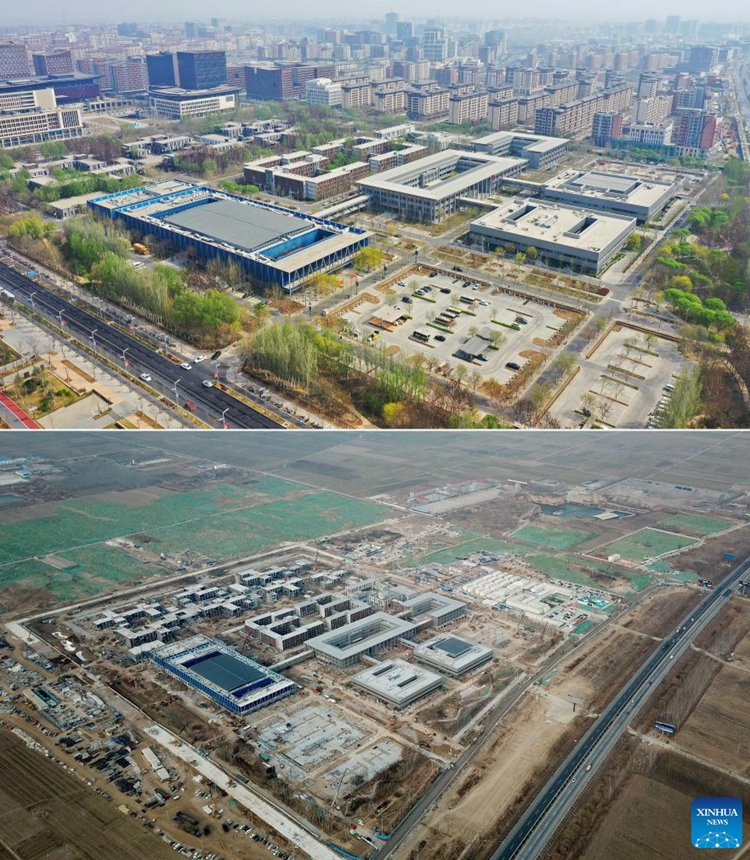This combo photo shows the aerial view of Xiong'an citizen service center on March 31, 2023 (up) and the construction site of it on March 21, 2018 in Xiong'an New Area, north China's Hebei Province. China announced plans to establish Xiong'an New Area on April 1, 2017, to relieve Beijing of functions non-essential to its role as the national capital and advance the coordinated development of the Beijing-Tianjin-Hebei region. (Photo:Xinhua)