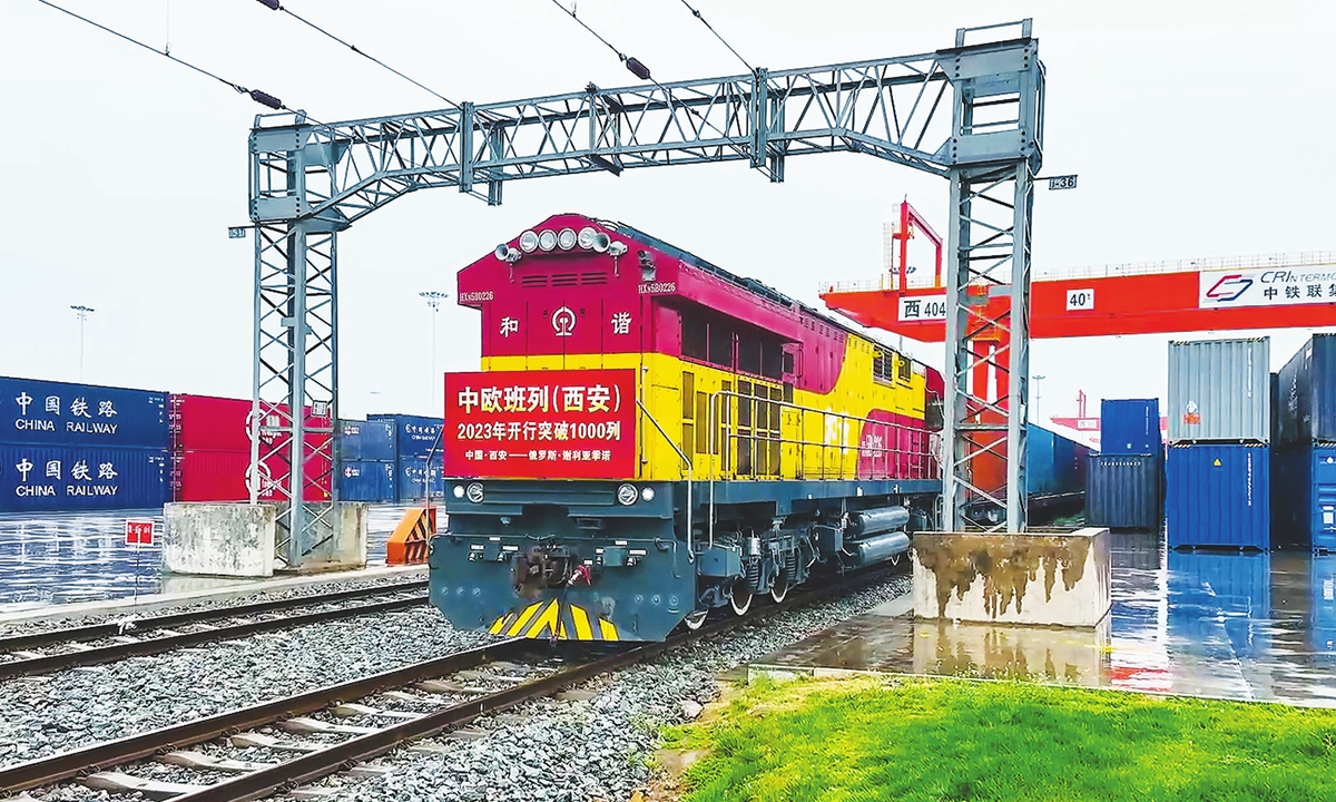 The 1,000th China-Europe freight train to set off from Xi'an, Northwest China's Shaanxi Province, in 2023 leaves Xi'an International Port on March 23, 2023. Photo: VCG