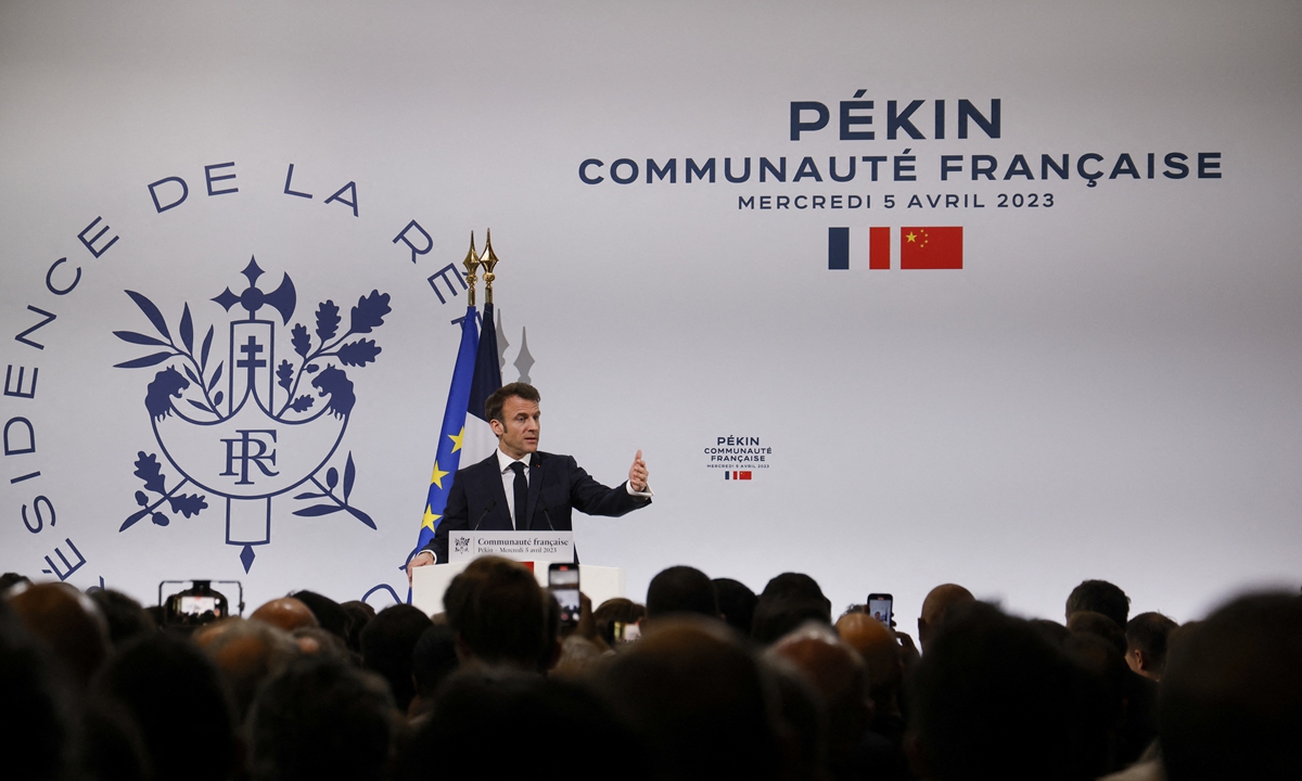 French President Emmanuel Macron speaks during a meeting with China's French community at the residence of France's ambassador in Beijing on April 5, 2023.Photo: AFP