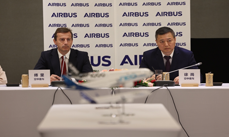 Airbus CEO Guillaume Faury speaking during a group interview on April 6, 2023. Photo: Courtesy of Airbus