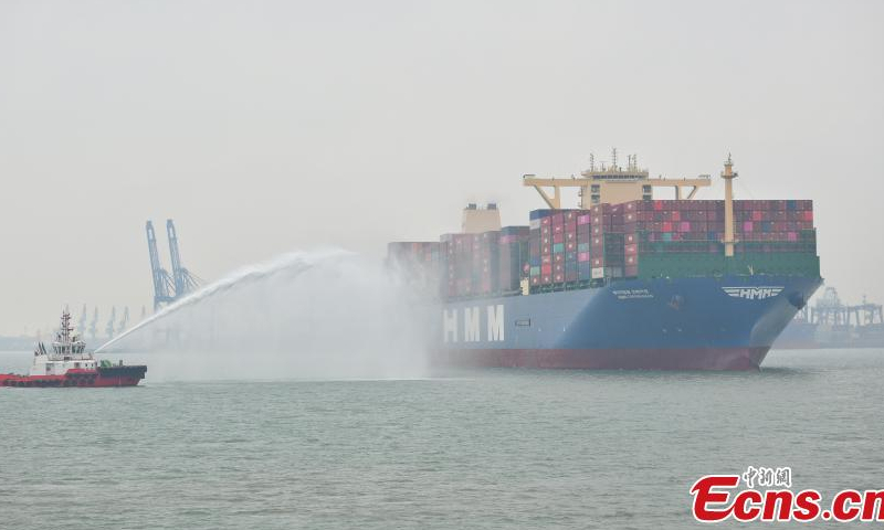 A container ship passes through a water gate at Tianjin Port, April 6, 2023, marking the opening of a new direct container shipping route linking Tianjin with European ports.. (Photo: China News Service/Tong Yu)

Twelve 24,000 TEU ultra-large container ships will be put into operation on the new route, which connects Tianjin with major European ports, including Algeciras in Spain, Rotterdam in the Netherlands, Hamburg in Germany and Antwerp in Belgium.