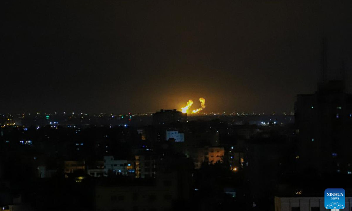 Fire and smoke are seen following an Israeli airstrike in the southern Gaza Strip city of Khan Younis on April 7, 2023. Israel on Friday intensified airstrikes on military posts in the Gaza Strip and Lebanon, in response to rockets fired from the areas at several parts in Israel, escalating tensions with Palestine over the past three days after Israeli police forcibly expelled Palestinian worshippers from the Al-Aqsa Mosque in East Jerusalem. Photo:Xinhua