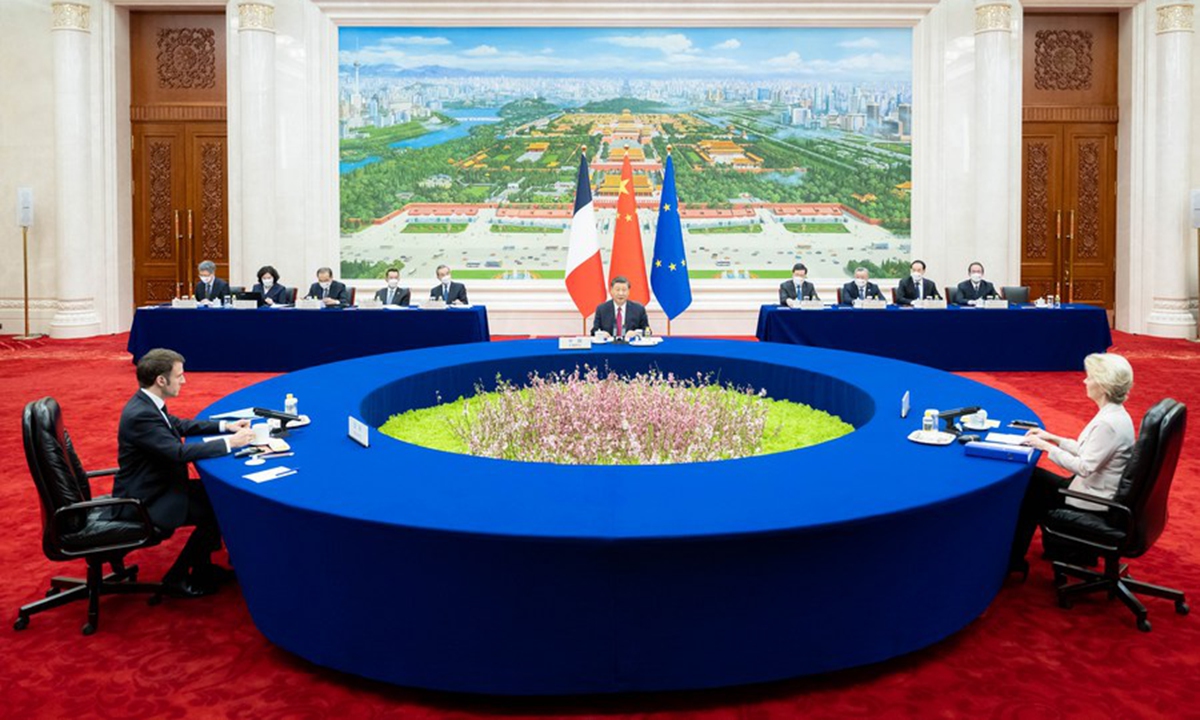 Chinese President Xi Jinping holds a trilateral meeting with French President Emmanuel Macron and European Commission President Ursula von der Leyen at the Great Hall of the People in Beijing, capital of China, April 6, 2023. (Xinhua/Zhai Jianlan)