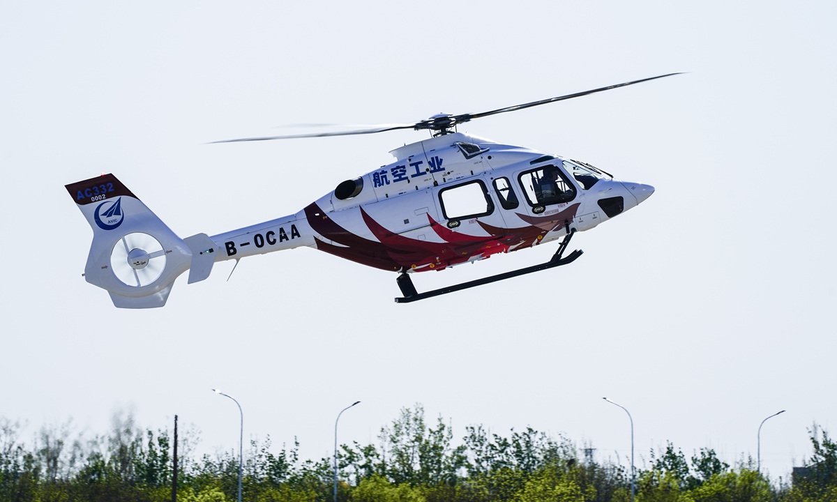 The AC332 multirole helicopter takes off in its full form for the first time in Binhai New Area, North China's Tianjin Municipality on April 7, 2023. Photo: Fan Wei/GT
