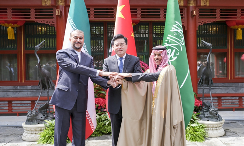 Chinese State Councilor and Foreign Minister Qin Gang meets with Saudi Arabian Foreign Minister Prince Faisal bin Farhan Al Saud and Iranian Foreign Minister Hossein Amir-Abdollahian in Beijing, capital of China, April 6, 2023. The two foreign ministers, Faisal and Amir-Abdollahian, are in Beijing for a meeting.(Photo: Xinhua)