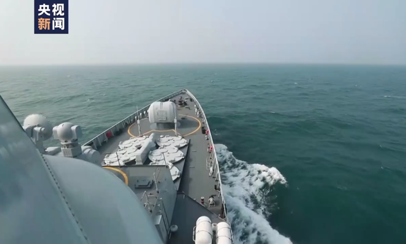 A Type 052C guided missile destroyer of the Chinese People’s Liberation Army Navy sails near the island of Taiwan during the combat alert patrols and “Joint Sword” exercises that encircle the island on April 8, 2023. Photo: Screenshot from China Central Television