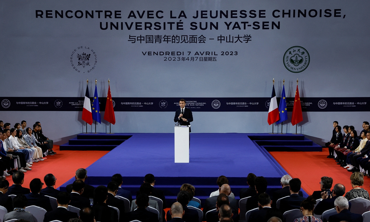 French President Emmanuel Macron gives a speech at Sun Yat-sen University on April 7, 2023 in Guangzhou, Guangdong Province. Photo: VCG