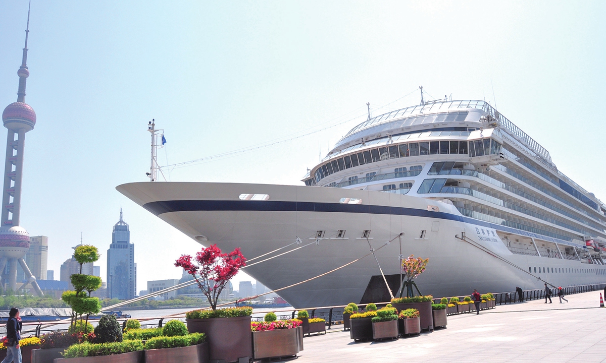 A high-end cruise ship docks at a passenger terminal in Shanghai on April 9, 2023. China decided to resume visa-free entry for cruise passengers entering Shanghai in March, which is expected to accelerate cruise travel. Official data predicted that China's cruise market will reach 14 million passengers per year by 2035. Photo: cnsphoto