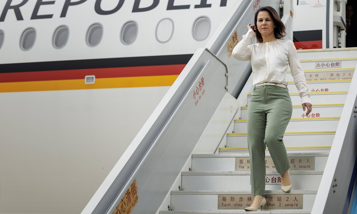 German Foreign Minister Annalena Baerbock arrives in North China's Tianjin on April 13, 2023 to start her three-day China visit. Photo: VCG