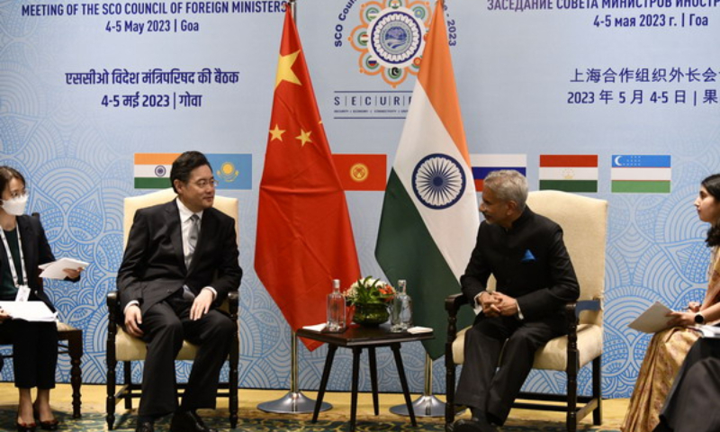 Chinese State Councilor and Foreign Minister Qin Gang meets with Indian External Affairs Minister Subrahmanyam Jaishankar on the sidelines of the Shanghai Cooperation Organization Foreign Ministers’ Meeting in Goa. Photo: Chinese Foreign Ministry