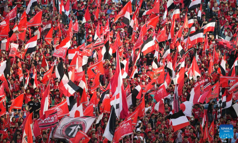 Fans cheer prior to the final 2nd leg of 2022 AFC Champions League between Urawa Reds and Al Hilal at Saitama Stadium 2002 in Saitama, Japan on May 6, 2023. (Xinhua/Zhang Xiaoyu)
