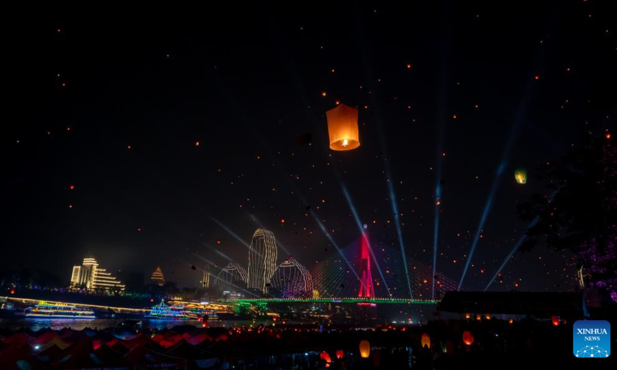 Sky lanterns released during annual Water Splashing Festival in SW