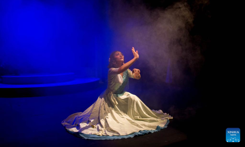 An artist performs a stage show to celebrate the International Dance Day in Kathmandu, Nepal, April 29, 2023. (Photo by Sulav Shrestha/Xinhua)