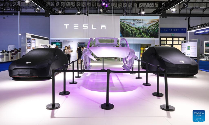 This photo taken on April 10, 2023 shows the booth of Tesla at the third China International Consumer Products Expo (CICPE) in Haikou, capital city of south China's Hainan Province. More than 3,300 high-quality brands from home and abroad have gathered at the third CICPE, which kicked off Monday in Haikou.(Photo: Xinhua)