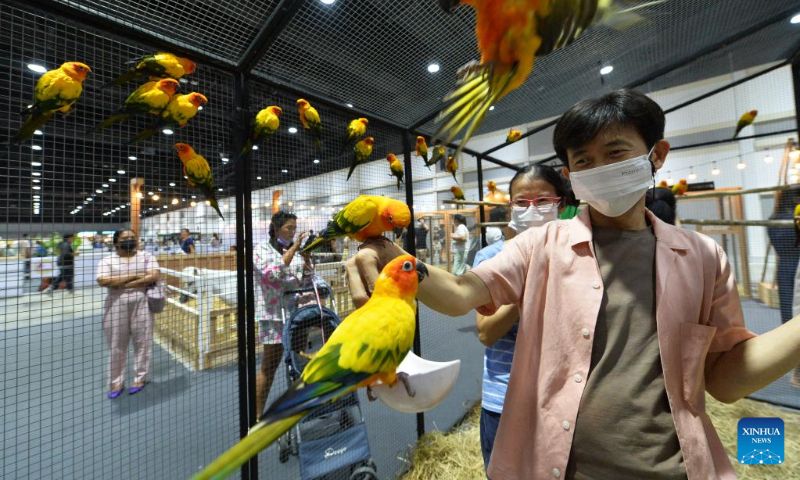 Visitors feed parrots at the Queen Sirikit National Convention Center in Bangkok, Thailand, May 4, 2023. The Pet Expo Thailand 2023 kicked off here on Thursday and will last until May 7. (Xinhua/Rachen Sageamsak)