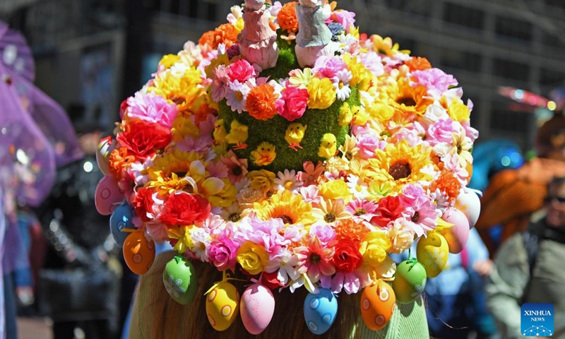 A woman takes part in the Easter Bonnet Parade in New York, the United States, on April 9, 2023. The annual Easter Bonnet Parade took place on the Fifth Avenue of Manhattan near St. Patrick's Cathedral on Sunday.(Photo: Xinhua)