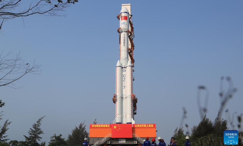 This photo taken on May 7, 2023 shows the combination of the Tianzhou-6 cargo spacecraft and a Long March-7 Y7 carrier rocket being transferred in south China's Hainan Province. The combination of the Tianzhou-6 cargo spacecraft and a Long March-7 Y7 carrier rocket has been transferred to the launching area. The cargo spacecraft will be launched in the near future at an appropriate time. (Photo by Huang Guochang/Xinhua)