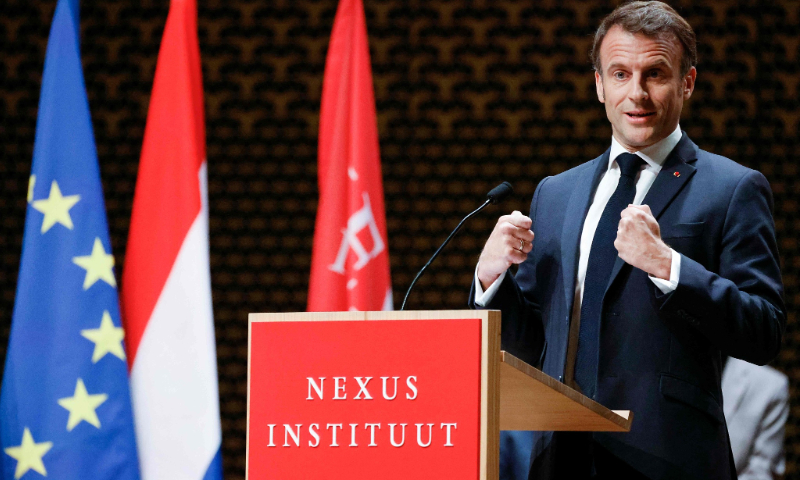 French President Emmanuel Macron delivers a speech to the Nexus Institute in the Amare theatre in The Hague on April 11, 2023 as part of a state visit to the Netherlands. Photo: VCG