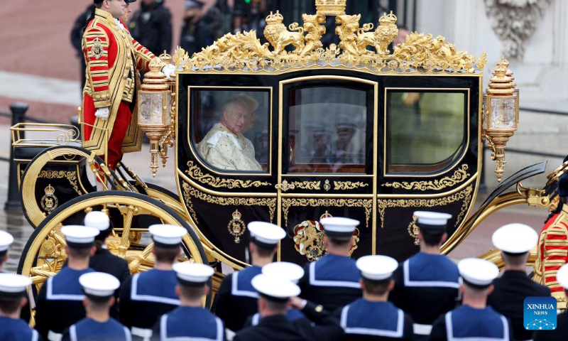 Britain's King Charles III departs Buckingham Palace for his coronation at Westminster Abbey with Queen Camilla in London, Britain, May 6, 2023. Britain's King Charles III departed Buckingham Palace shortly after 10 a.m. (0900 GMT) on Saturday for his coronation at Westminster Abbey in central London. The King and Queen Camilla will be coronated at the historic church in a service expected to last about two hours, the country's first in 70 years. (Xinhua/Li Ying) 