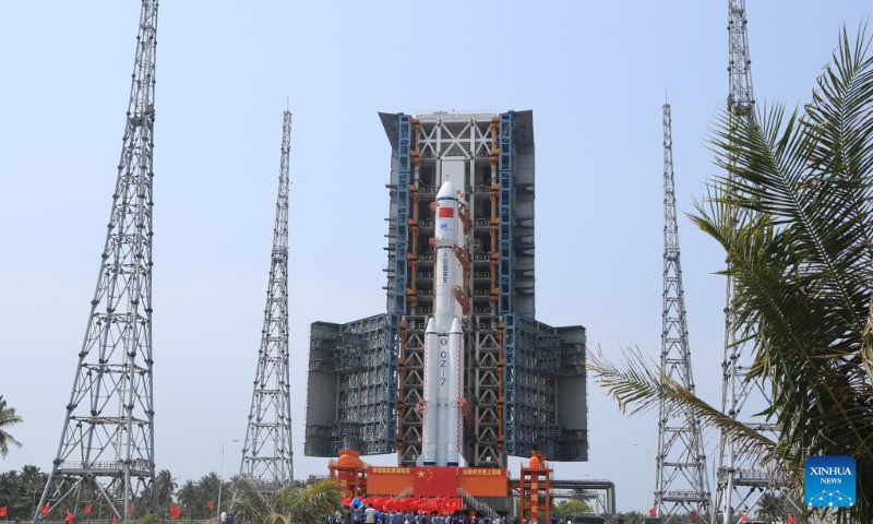This photo taken on May 7, 2023 shows the combination of the Tianzhou-6 cargo spacecraft and a Long March-7 Y7 carrier rocket transferred to the launching area in south China's Hainan Province. The combination of the Tianzhou-6 cargo spacecraft and a Long March-7 Y7 carrier rocket has been transferred to the launching area. The cargo spacecraft will be launched in the near future at an appropriate time. (Photo by Huang Guochang/Xinhua)