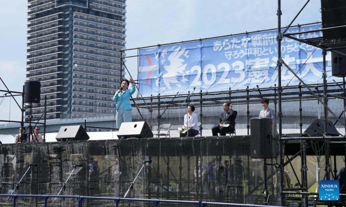 Mizuho Fukushima head of the Social Democratic Party of Japan addresses a rally at Tokyo Rinkai Disaster Prevention Park in Tokyo Japan May 3 2023 Some 25000 Japanese people rallied on Wednesday in Tokyo calling for peace and protection of Japans Constitution including the war-renouncing Article 9 as the country marked the 76th anniversary of its pacifist post-war Constitution PhotoXinhua
