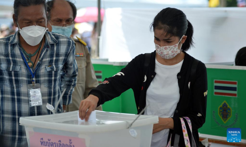 A woman casts her vote at a designated polling station in Bangkok, Thailand, May 7, 2023. (Xinhua/Rachen Sageamsak)