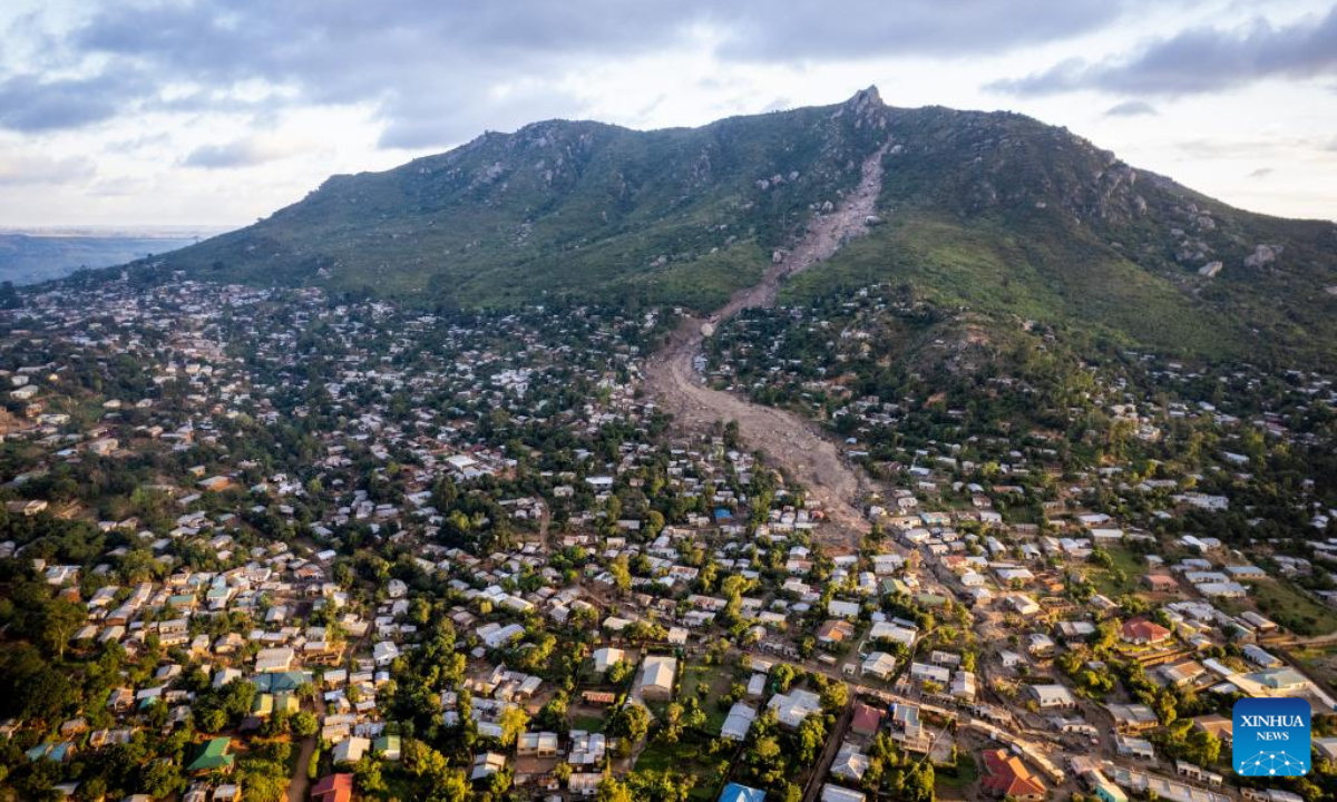 Aerial photo taken on April 26, 2023 shows a residential area hit by a mudslide during Tropical Cyclone Freddy in Blantyre, Malawi. Cyclone Freddy hit the southern part of Malawi starting from March 12, affecting 14 districts where floods and mudslides left more than 1,200 deaths (679 confirmed deaths and 537 people missing and presumed dead), and 2,178 injuries. Photo:Xinhua