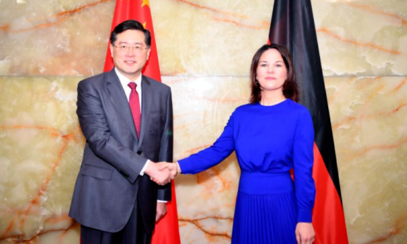 Chinese State Councilor and Foreign Minister Qin Gang (left) meets with German Foreign Minister Annalena Baerbock in Berlin on Tuesday. Photo: fmprc.gov.cn