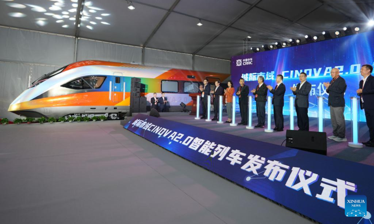 CINOVA 2.0, a new type of intercity intelligent train independently developed by CRRC Sifang Co., Ltd., is released at the International Metro Transit Exhibition in Qingdao, east China's Shandong Province, April 27, 2023. The International Metro Transit Exhibition & Forum (Beijing-Qingdao) and the 1st China Metro Transit Hi-Tech Fair kicked off here on Thursday. Photo:Xinhua